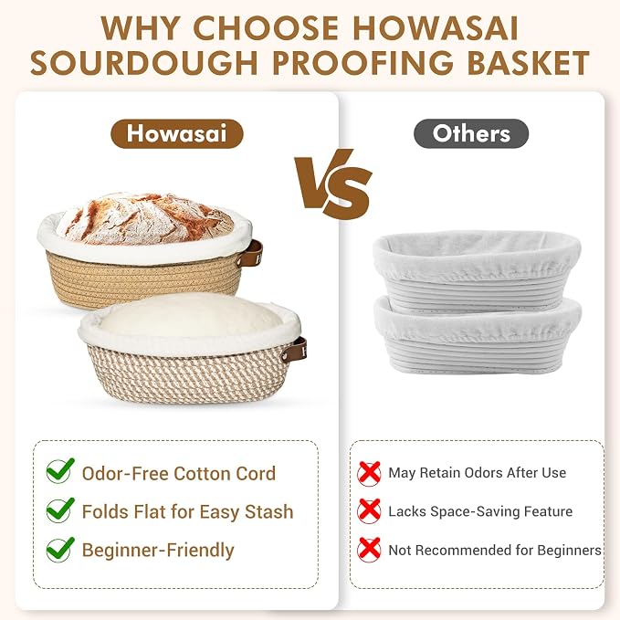Proofing Basket Banneton Bread Baskets Sourdough Proofing Basket 2Pcs Oval | Howasai Sourdough Proofing Basket, 2Pcs 10''Oval Banneton Baskets With Liners & Covers, Cotton Rope Bread Baskets