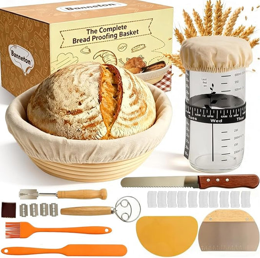 Sourdough Bread Baking Supplies Kit, Banneton Bread Proofing Basket 9" Round, Starter Jar,Complete Sourdough Tools Ideal Gifts for Mom Wife Women Bakers