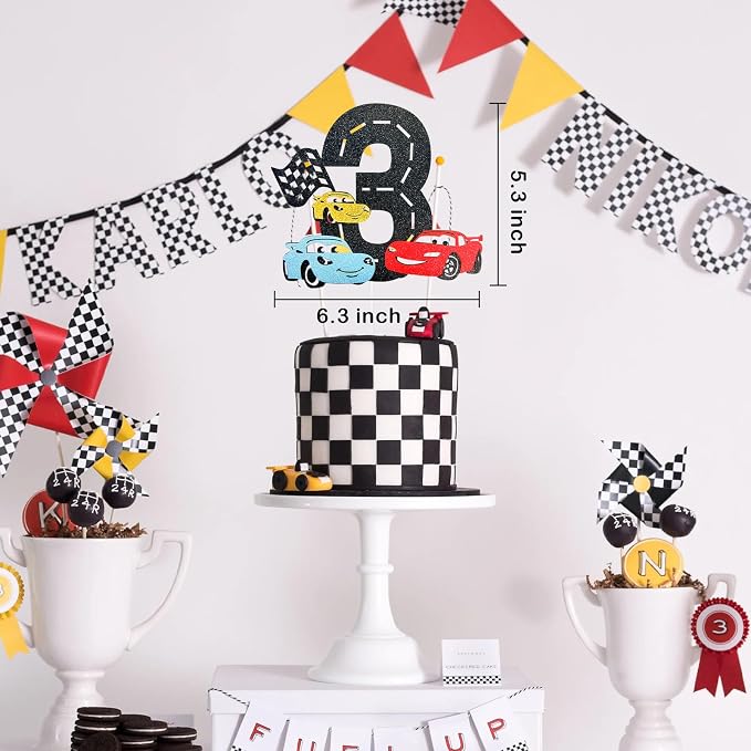 MEMOVAN Race Car 3rd Cake Topper 3th Racing Car Birthday Cake Topper Decoration for Racing Car Checkered Flag Themed Girl Boy 3 Years Birthday Party Supplies Double Sided