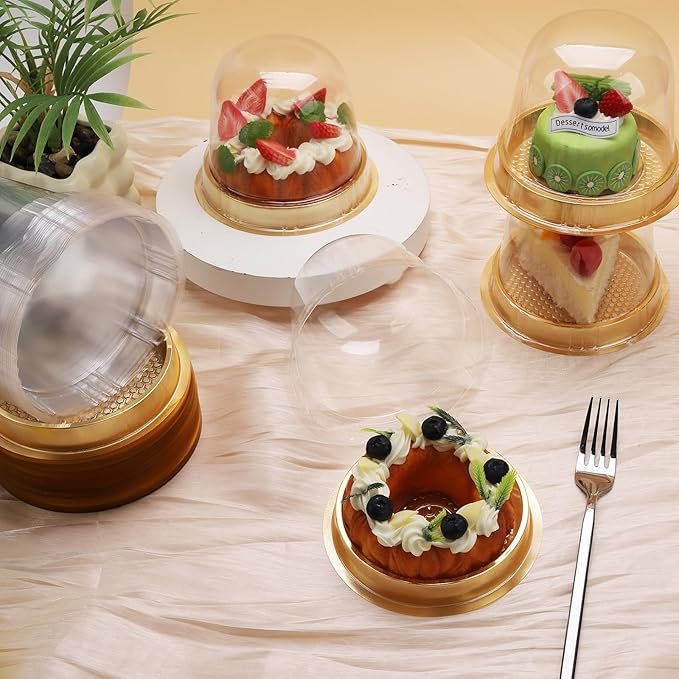 Hewnda 50 Sets Cake Box - Internal Size Diameter 4-3/8 Inch X Height 4-1/8 Inch Clear Plastic Dome Carrier - Single Cake Container Carry Reinforcement Stickers (Gold)