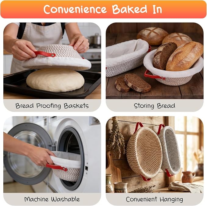 Sourdough Bread Baking Supplies, Cotton Rope Sourdough Starter Kit with 9'' Round & 10'' Oval Banneton Basket with Non-Stick Dutch Oven Liner & Covers, Sourdough Gift for Bakers Women Wife Mom(39pcs)