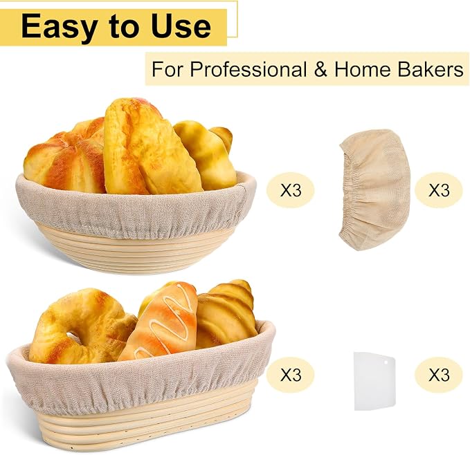 Geetery 6 Pack Bread Banneton Proofing Baskets 10 Inch Oval and 9 Inch Round Rattan Sourdough Baskets Dough Proofing Bowls with Liners and Dough Scraper for Home Sourdough Bread Baking Supplies