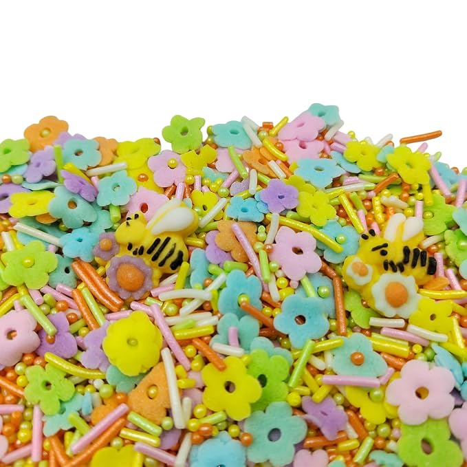 Edible Flower Sprinkles, Spring Colorful Sprinkles for Cake Decorating, Easter Sprinkle with Bees jimmies Pearls for Baking Cookie, Cupcake Toppers, Ice Cream Topping, and Birthday Decorations