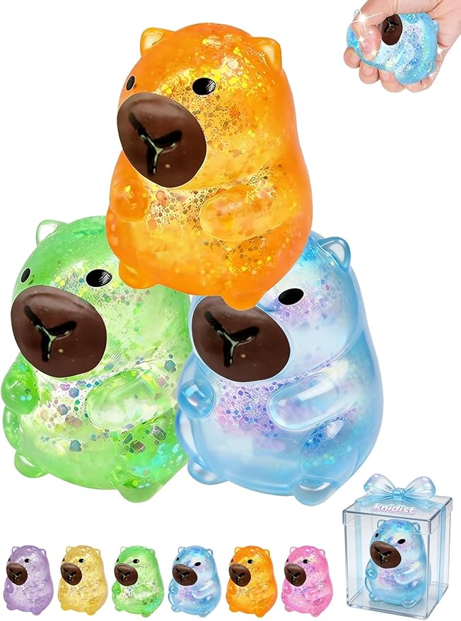 Capybara Squishy Glitter Animal Squeeze Balls Cute Capybara Stress Ball Anxiety Relief Slow Rise Adult Sensory Fidget Tool Gift Sparkling Desk Decor Collectibles Decompression Dough(3pcs Set1)