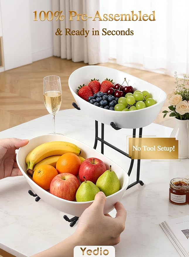 2 Tier Fruit Bowl for Kitchen Counter, Modern Black Ceramic Fruit Basket Stand, Small Space Saving Tiered Fruit Holder for Kitchen Organizer, White Porcelain Snack & Bread Display Serving Tray