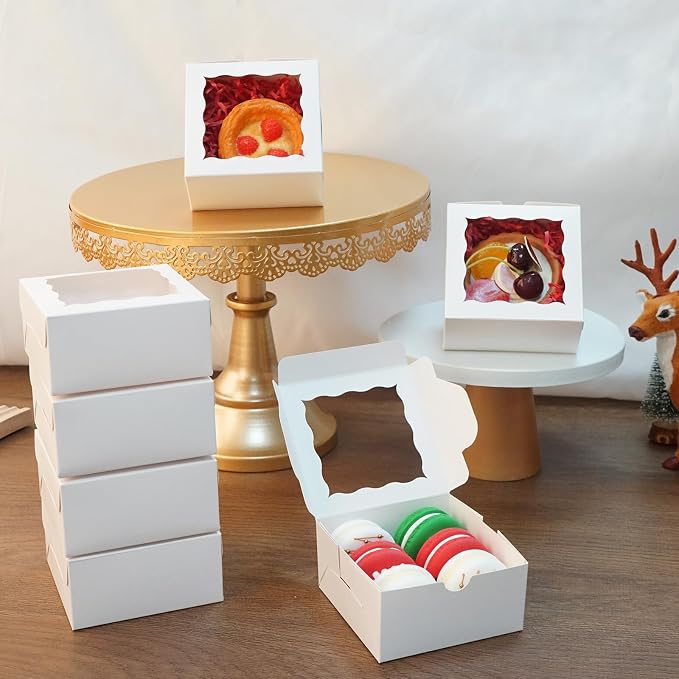 XINHPKGG 100pcs Cookie Boxes 4x4x2 Inch Bakery Boxes with Window Dessert Treat Box Chocolate Covered Strawberries Box for Wedding Party Birthday