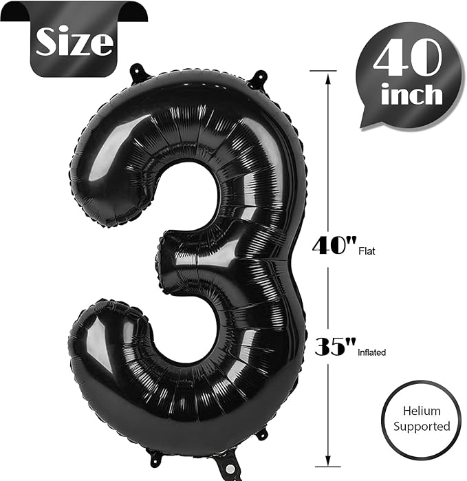 Black Number 3 Balloon 40 Inch, 3rd Birthday Celebration Supplies for Girls Boys Women Men, 3 Balloon for Girls Boys Theme Party