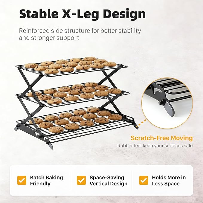 3 Tier Cooling Rack, Collapsible Adjustable Height Wire Baking Rack with Stable X-Leg Design, Space-Saving Cooling Racks for Cooking and Baking Cookies, Cakes & Pastries, 17.1" x 9.8", Black