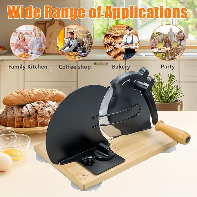 Manual Bread Slicer for Homemade Sourdough Bread with Strong Suction Base | 0-0.75" Adjustable Thickness, 402 Stainless Steel Blade, Beech Wood Base, Homemade Bread Toast Bagel Cutter