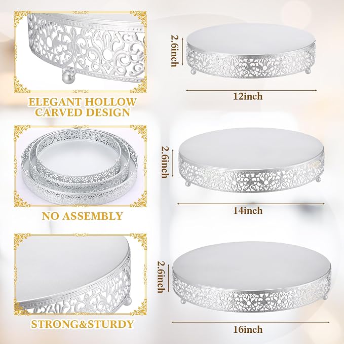 Wenqik 3 Pcs 16'' 14'' 12'' Metal Silver Cake Stand Round Cake Stands for Dessert Table Cookies Fruit Serving Tray Cupcake Dessert Pastry Riser for Wedding Birthday Party and Events(Classic Style)