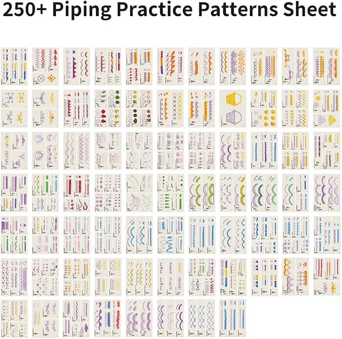 Piping Tips Practice Board Guide Paper Sheets 250+ Cake Decorating Tips Techniques Tutorial Patterns 74 Sheets/Set