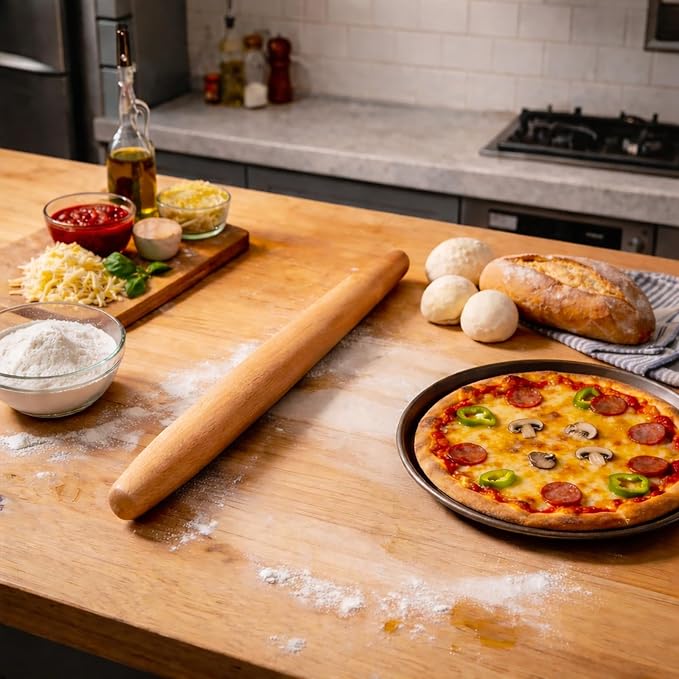 17.1 Inch French Rolling Pin – Smooth One-Piece Wooden Dough Roller for Baking, Cookies, Pizza Dough & Pastry
