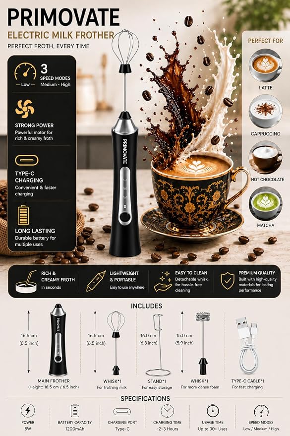 Rechargeable Milk Frother Handheld, Electric Coffee Frother with 2 Whisk, 3-Speed Powerful Drink Mixer, USB-C, Milk Foamer for Coffee,Latte,Cappuccino,Matcha & HotChocolate (Black+Stand)
