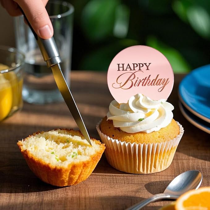20 Pcs Mirror Acrylic Happy Birthday Cupcake Toppers Pink Happy Birthday Cake Topper Engraved Mini Cake Picks for DIY Birthday Gift Flower Bouquet Pastries Desserts Decor
