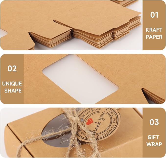 RYKOMO 60 PCS Soap Boxes for Homemade Soap 3.55 X 2.4 X 1.2 Inch Small Soap Packaging Boxes Kraft Soap Box with Window Mini Soaps Gift Boxe for Homemade Bakery Candy Cookies Packaging