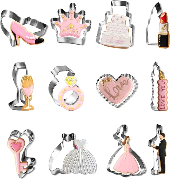 Wedding Cookie Cutter Set - 12Pcs Mini Cookie Cutters Variety Pack with Dough Scraper, Stainless Steel Valentine's Day and Anniversary Cookie Mold for Biscuits, Fondant