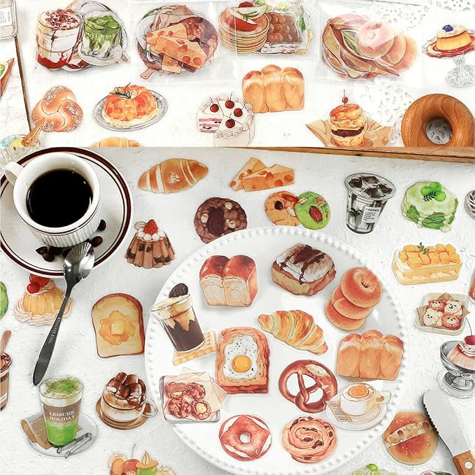 Maxleaf 80PCS Dessert Cake Clear Stickers for Scrapbook Decoration, 4 Series Retro Foods Bread Cake Coffee Stickers for Daily Life Diary Album Decoration