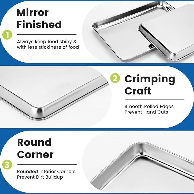 BIEAMA 12 Pack Stainless Steel Toaster Oven Baking Sheets, 9 x 7 in | Stainless steel pans with no chemical coating, mirror-polished finish and rolled edges; dishwasher safe, oven safe to 500°F.
