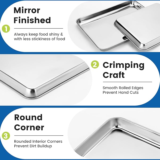 BIEAMA 6 Pack Stainless Steel Toaster Oven Baking Sheets, 12.5 x 9.6 in | Stainless steel pans with no chemical coating, mirror-polished finish and rolled edges; dishwasher safe, oven safe to 500°F.