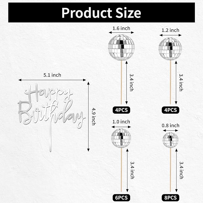 Soelomu 23 Pcs Disco Ball Cake Toppers, Happy Birthday Cupcake Picks 1970s Disco Theme Decorations for Birthday Party Favor