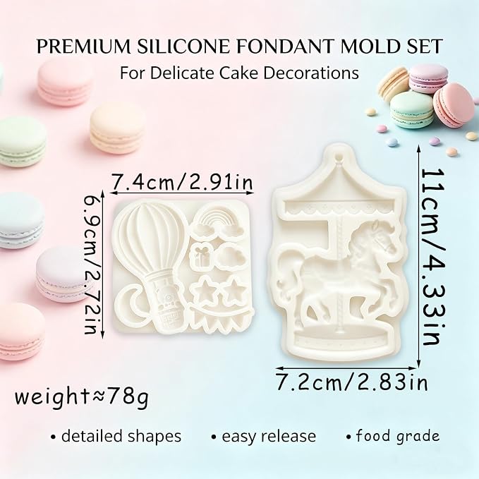 2Pcs Carousel & Hot Air Balloon Fondant Molds 3D Bear Rainbow Silicone Candy Molds for Cake Decorating, Cupcake Toppers, Cholocate, Polymer Clay, UV Resin, Flexible Gum Paste Tool