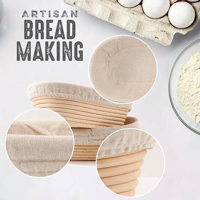 Banneton Bread Proofing Basket with Brochure Set of 2, Sourdough Baking Supplies for Rising, Round & Oval Proving Baskets with Liners, Handmade from Quality Natural Indonesian Rattan
