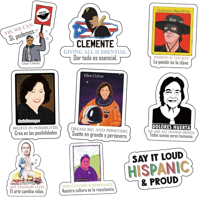 Hispanic Heritage Month Stickers - Bilingual Motivational Quotes from Latin Icons for Students Spanish Learners Journals