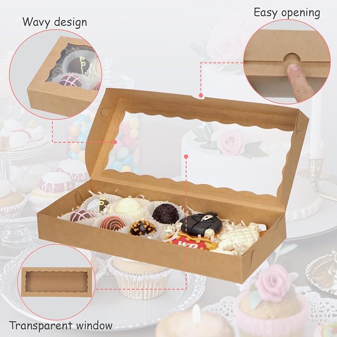 24pcs 12x5x1.5 Inch Borwn Cookies Boxes. with Window Bakery Boxes Macaron Boxes Chocolate Truffle Boxes Donut Treat Boxes Cakesickle Boxes for Christmas Valentine's Easter Mother's Day