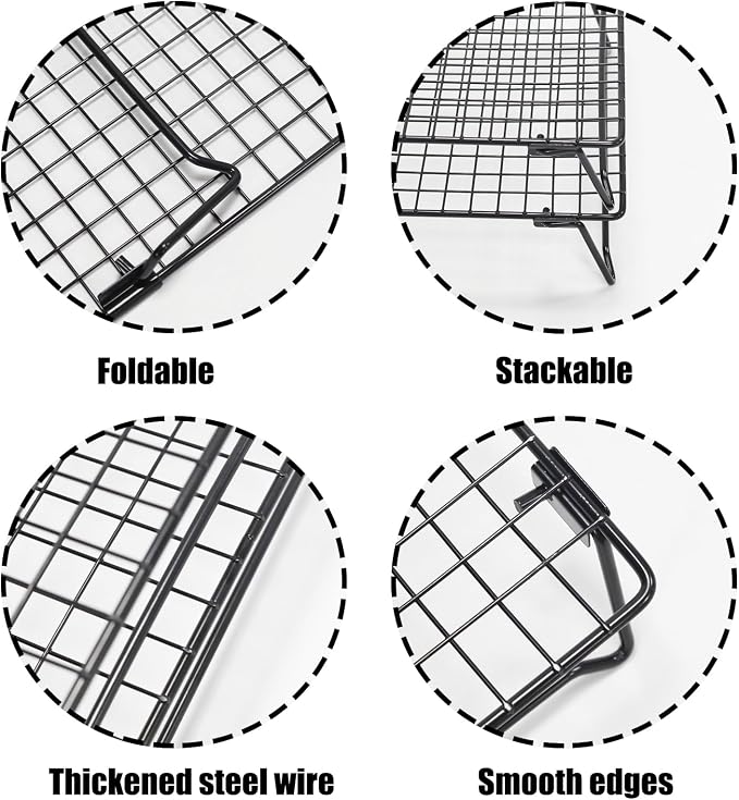 Pine & Linen 2pcs Cooling Racks,Stackable Wire Cooling Racks with Collapsible Legs,Black Rack for Cooking Roasting Drying Grilling/Cookie Rack(9.4x13.4 Inch)