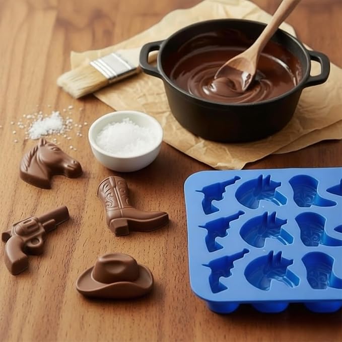 2PCS Cowboy Chocolate Molds Silicone, Western Theme Mold Set for Candy Making, Cake Decorations, Candle & Resin Crafts – Includes Cowboy Hat, Boot, Horse, Saddle (Heat-Resistant, Dishwasher Safe)