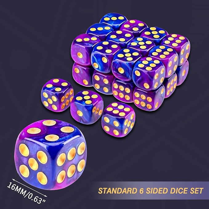 24 of Pack 16MM 6 Sided Dice Set,Two Colours D6 Game Dice Set, 6 Sided Standard Dices for Yahtzee, Bunco or Teaching Math,with Portable Dice Pouch(Purple and Blue)
