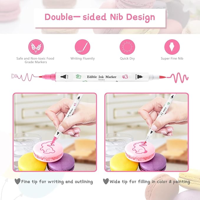 Treedoa Edible Markers for Cookie Decorating,12Pcs Food Coloring Pens Double Side Food Grade Edible Pens with Fine&Thick Tip Food coloring Pens for Cakes,Easter Eggs,Fondant,Cookies,Frosting,Macarons