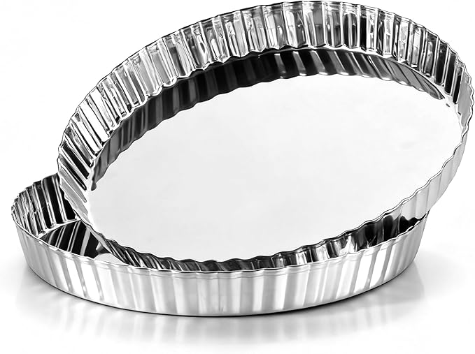 E-far 9.5 Inch Pie Pans, Stainless Steel Pie Baking Dish Tart Quiche Pan for Oven Baking, 2-Piece Round Pie Plate Tins with Fluted Edge & Seamless Bottom, No Leakage and Dishwasher Safe, Mirror Silver