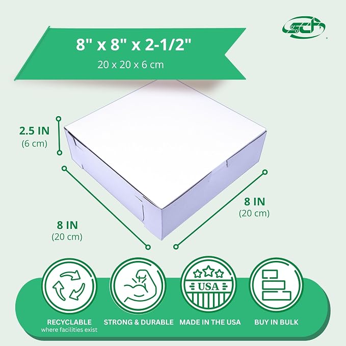 Southern Champion Tray 0933 Premium Clay Coated Kraft Paperboard White Non-Window Lock Corner Bakery Box, 8" Length x 8" Width x 2-1/2" Height (Case of 250)