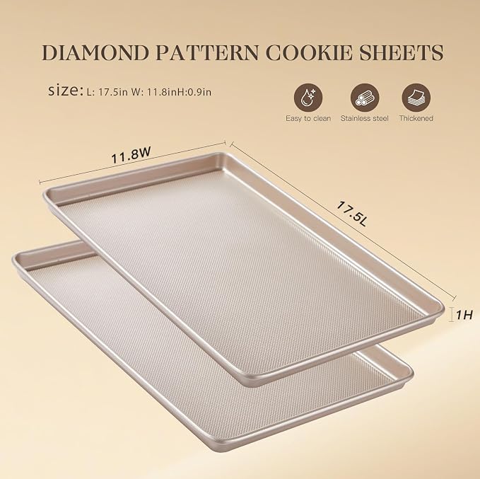 2-Pack Carbon Steel Baking Sheet Pans - 17.5x11.8x1 Inch Nonstick Cookie Sheets, Heavy-Duty Oven Safe Trays for Baking Cookies, Roasting & Sheet Pan Dinners (Gold)