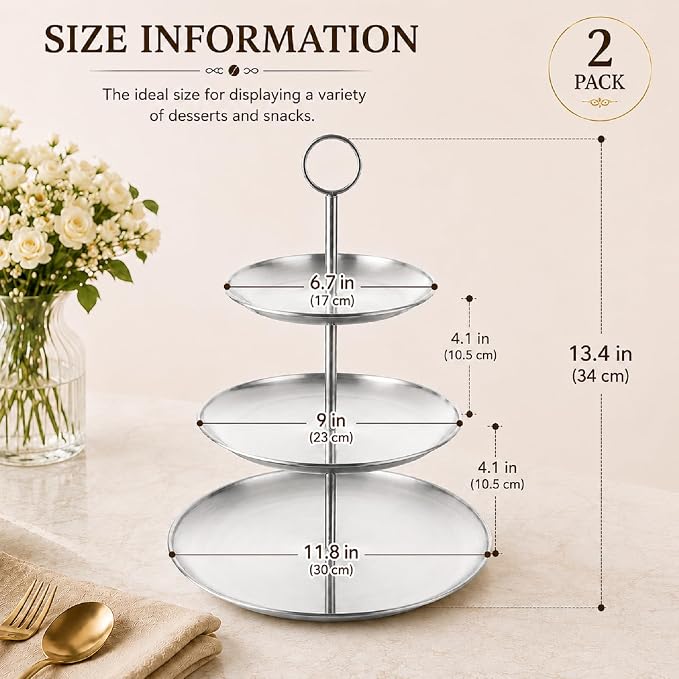 ABuff 3 Tiered Silver Cupcake Stand 2 Pack Stainless Steel Silver Tiered Dessert Stand Cupcake Display Tower 3 Tier Serving Tray Cake Stand for Baby Shower Birthday Party Wedding
