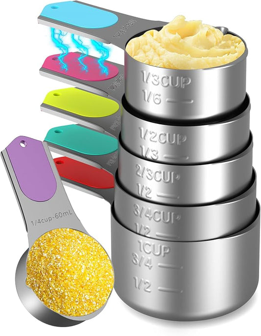 Magnetic Measuring Cups Set of 6, Stainless Steel Nesting Measuring Cups with Easy to Read Markings, Kitchen Gadgets for Cooking & Baking