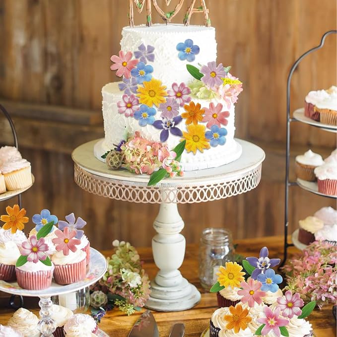 Morofme 60pcs Edible Flower Cake Decorations Wafer Paper Flowers Hawaiian Flower Leaves Cake Decor Daisy Cupcake Topper Mixed Size for Colourful Tropical Themed Baby Shower Birthday Party Supplies