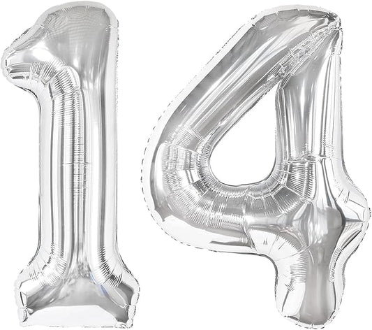 Silver Number 14 Balloon 40 inch, 14 Number Balloons, 14th Silver Birthday Decorations for Girls Boys Kids, 14 Year Old Silver Party Supplies