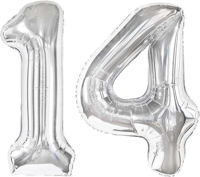 Silver Number 14 Balloon 40 inch, 14 Number Balloons, 14th Silver Birthday Decorations for Girls Boys Kids, 14 Year Old Silver Party Supplies