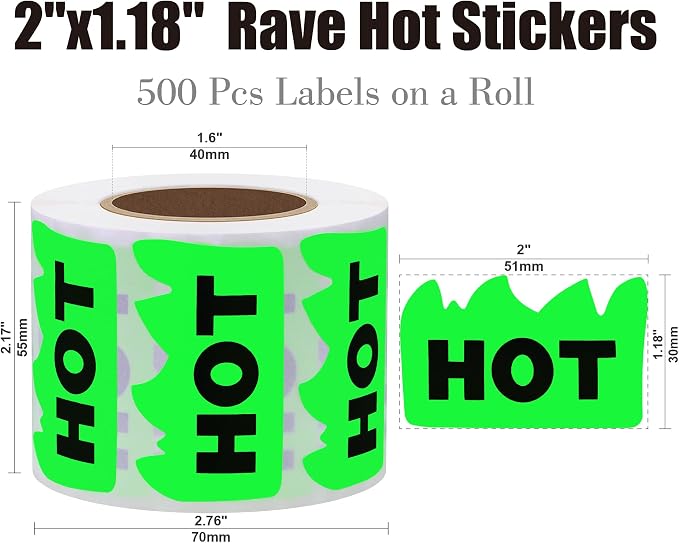 Hybsk 500pcs Rave Hot Stickers 2 x 1-1/5 Inch Fluorescent Hot Flame Fire Shape Labels Marking Items for Restauresent Supermarkets Stores Shops (Fluorescent Green)