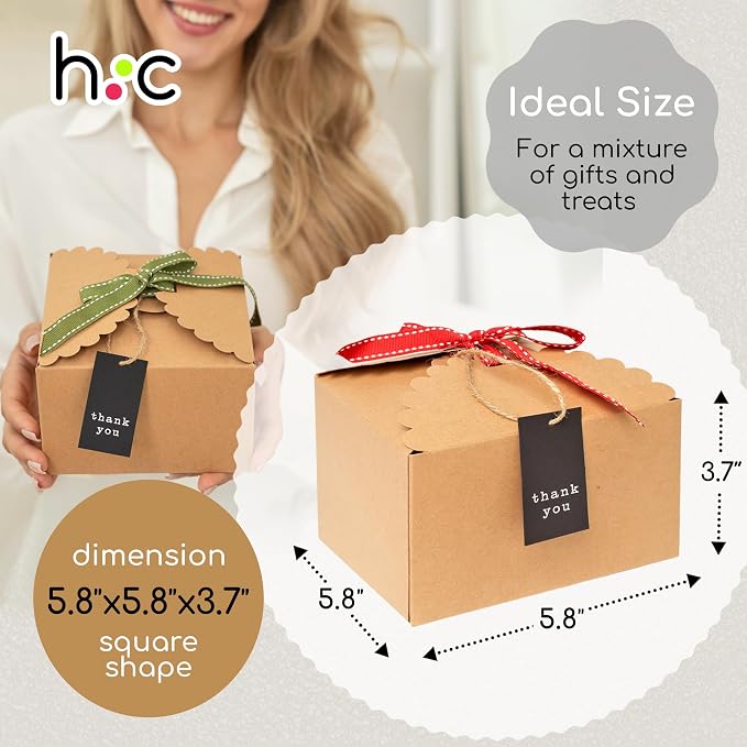 Brown Kraft Cookie Boxes with Ribbons & Tags (20 Pack) 5.8” x 3.7” Small Craft Gift Boxes for Baked Goods, Candy, Treats, Chocolate, Fudge, Christmas, Decorative Food Packaging, Empty, Bulk, Square