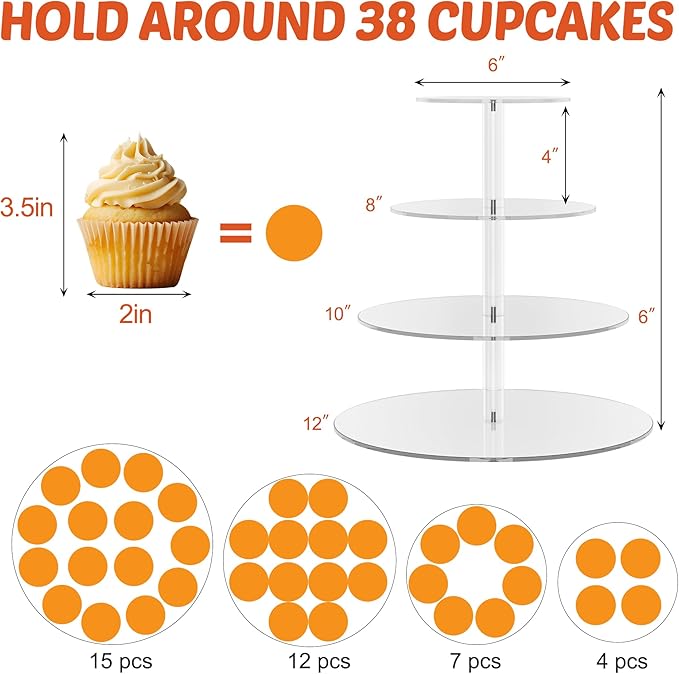4 Tier Round Cupcake Stand, Acrylic Cupcake Display Stand for 38 Cupcakes, Clear Cupcake Holder Stand for Dessert Table, Cupcake Tower Stand for Wedding Birthday Party Graduation