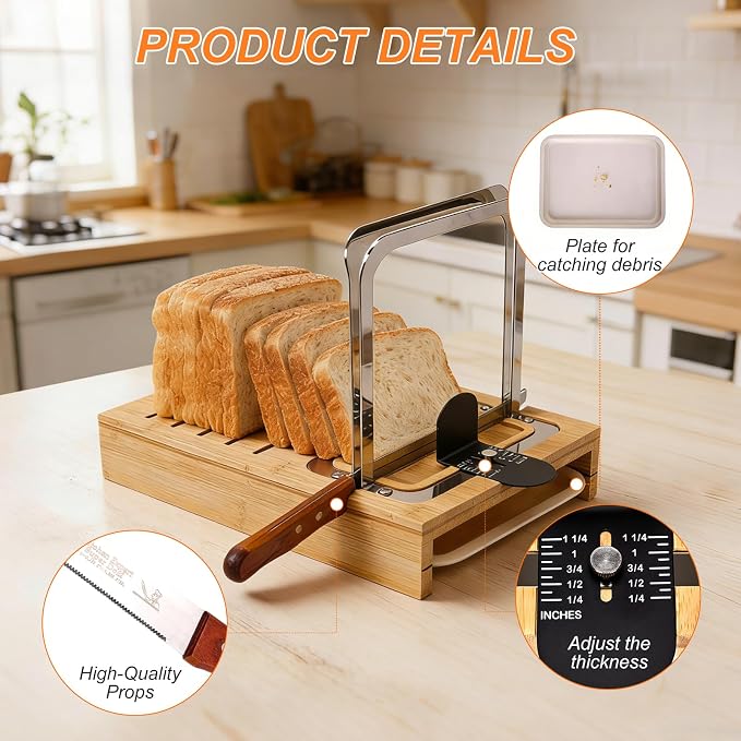 Bamboo Sourdough Bread Slicer for Homemade Breads with Bread Knife，Adjustable Slice Thickness and Bread Width, Stainless Steel Cutting Guides with Crumb Tray for Round Sourdough & Homemade Breads