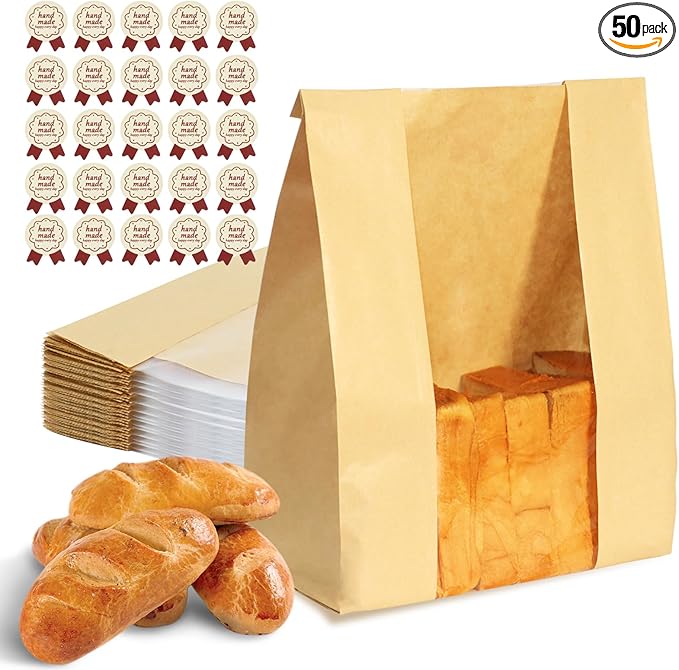 Bread Bags for Homemade Bread 50PCS Paper Sourdough Large Bakery Bags with Window for Baked Food Packaging Storage Gift Giving Includes 50PCS Label Seal Stickers 13.7x8.3x3.5in