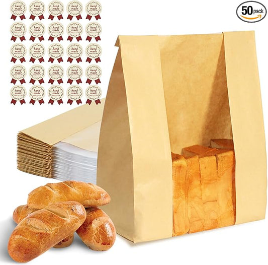 Bread Bags for Homemade Bread 50PCS Paper Sourdough Large Bakery Bags with Window for Baked Food Packaging Storage Gift Giving Includes 50PCS Label Seal Stickers 13.7x8.3x3.5in