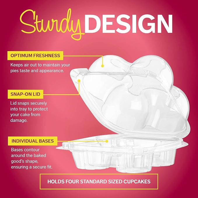 Plastic Cupcake Containers Boxes | 4 Compartment – 50 Pack | Disposable High Dome Cupcake Holder With Lid Bulk | Extra Sturdy And Stackable Cupcake Boxes | Durable Muffin Packaging Transporter To Go