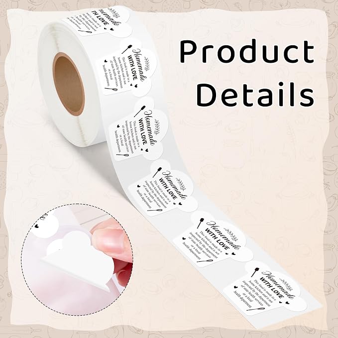PANTIDE 500 Count Cottage Food Law Labels Sticker White Chef Hat Shaped | Homemade with Love, Waterproof Adhesive Decal Roll, Made in A Home Kitchen Inspection Statement, Food Packaging, 2 x 1.7 Inch