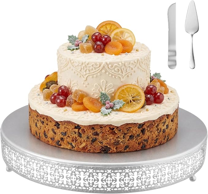 Wenqik Silver Cake Stand 16 Inch Metal Round Cupcake Dessert Wedding Cake Stand with Cutting & Spatula Cookies Display Holder Fruit Serving Tray for Table Wedding Birthday Anniversary Party