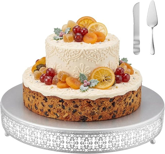 Wenqik Silver Cake Stand 16 Inch Metal Round Cupcake Dessert Wedding Cake Stand with Cutting & Spatula Cookies Display Holder Fruit Serving Tray for Table Wedding Birthday Anniversary Party